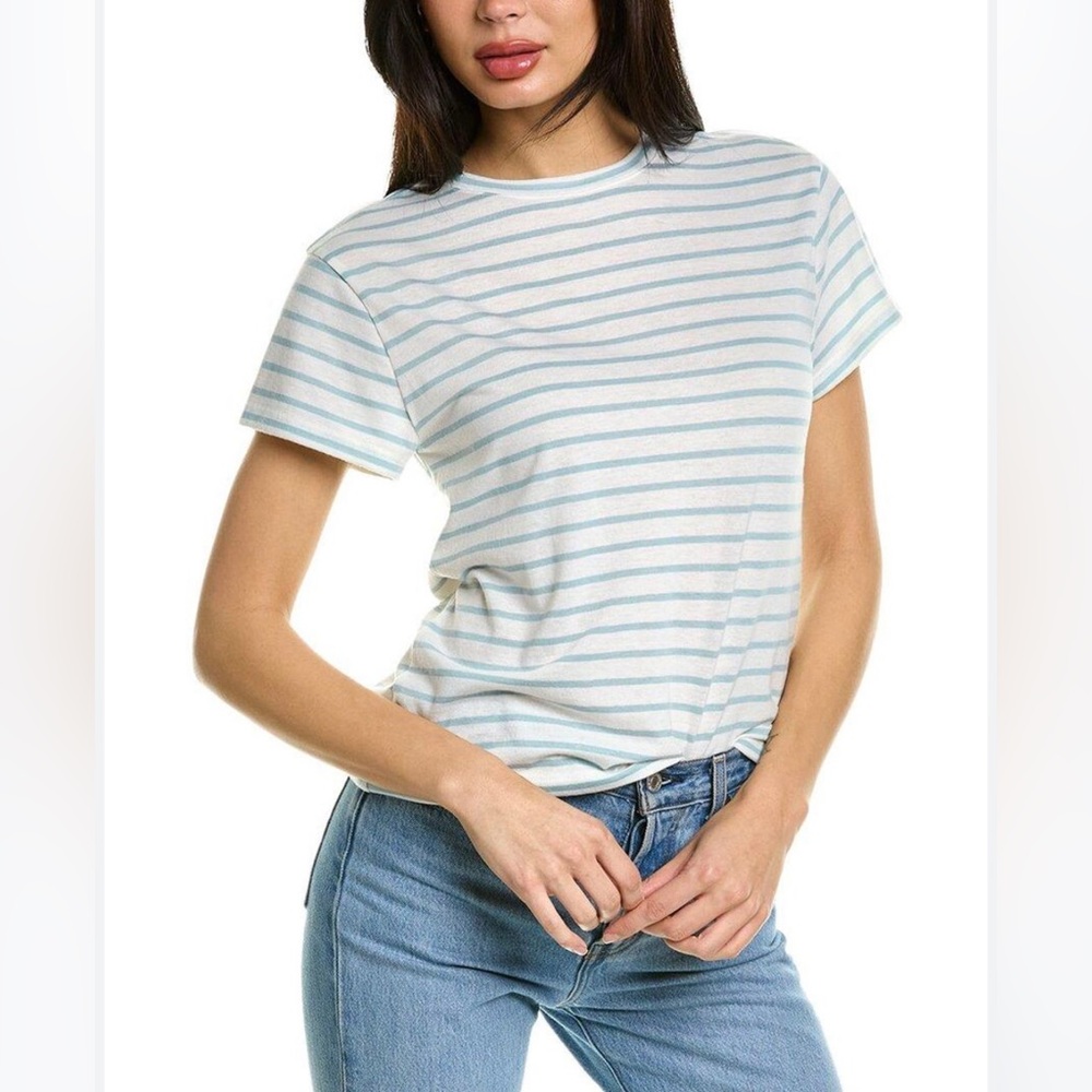 VINCE Off White & Pale Mineral Bengal Stripe T-Shirt, Size S